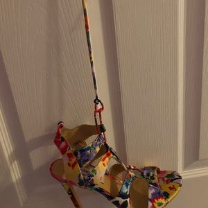 Floral multi colored heels that strap up the ankle